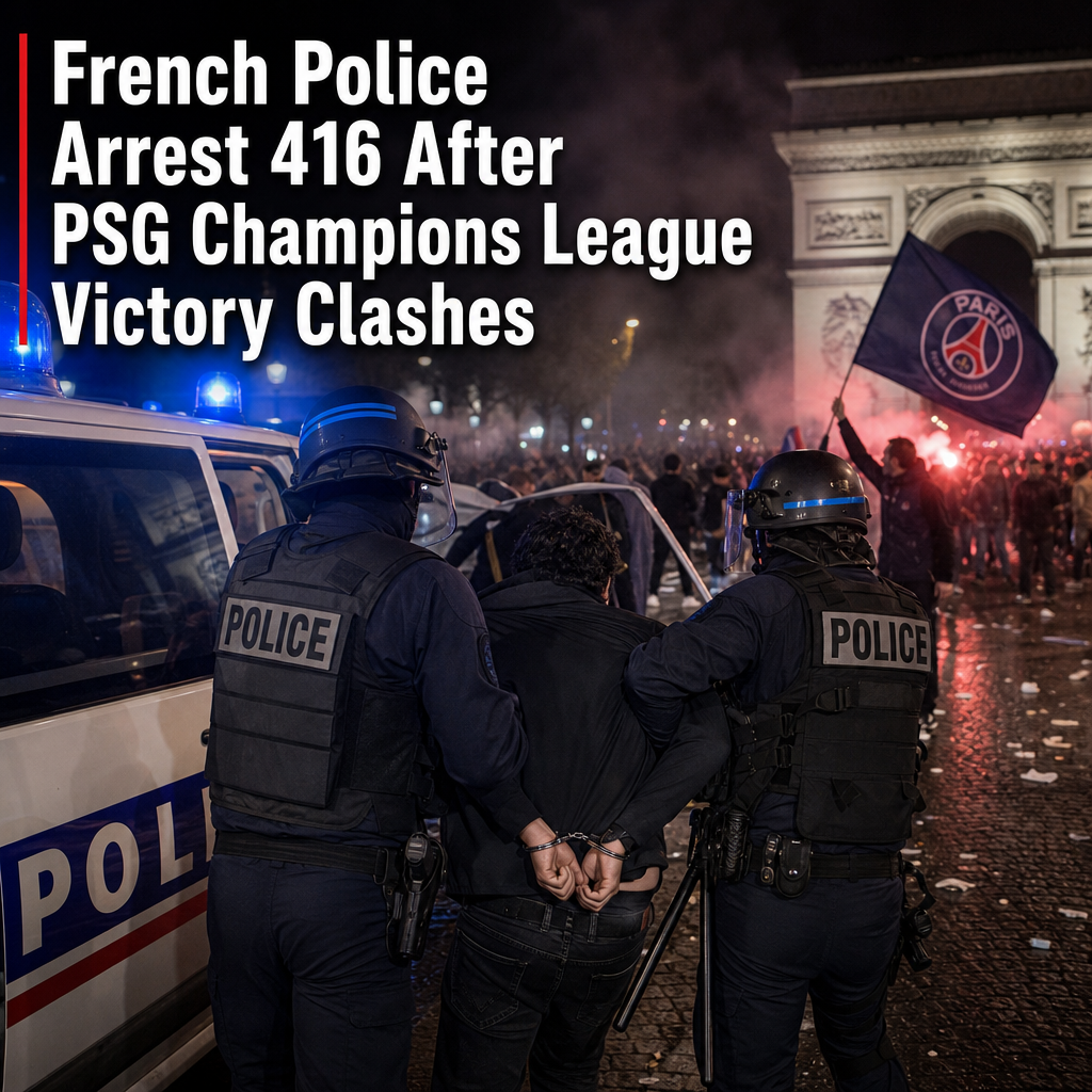 French police arrest a man during clashes near the Arc de Triomphe after PSG Champions League win.