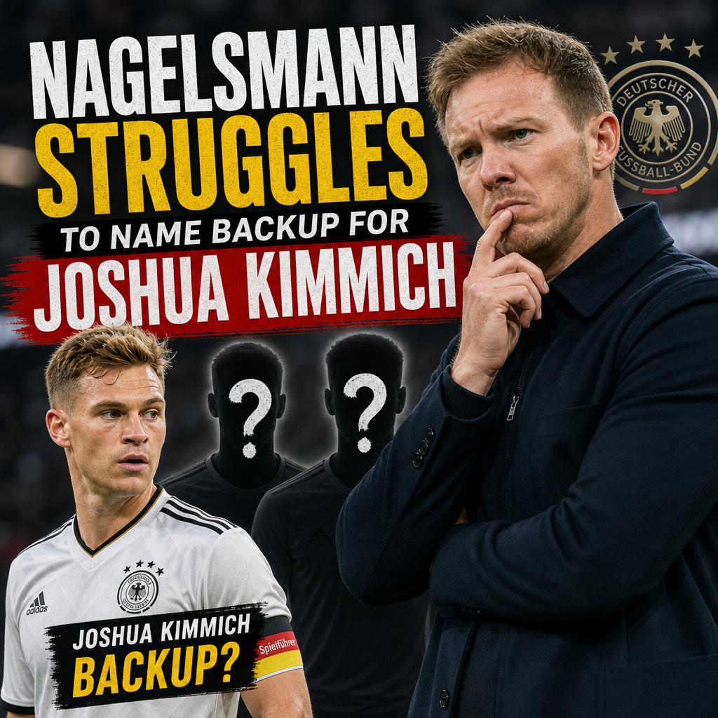 Julian Nagelsmann with a concerned expression during a press conference about Germany's midfield options.