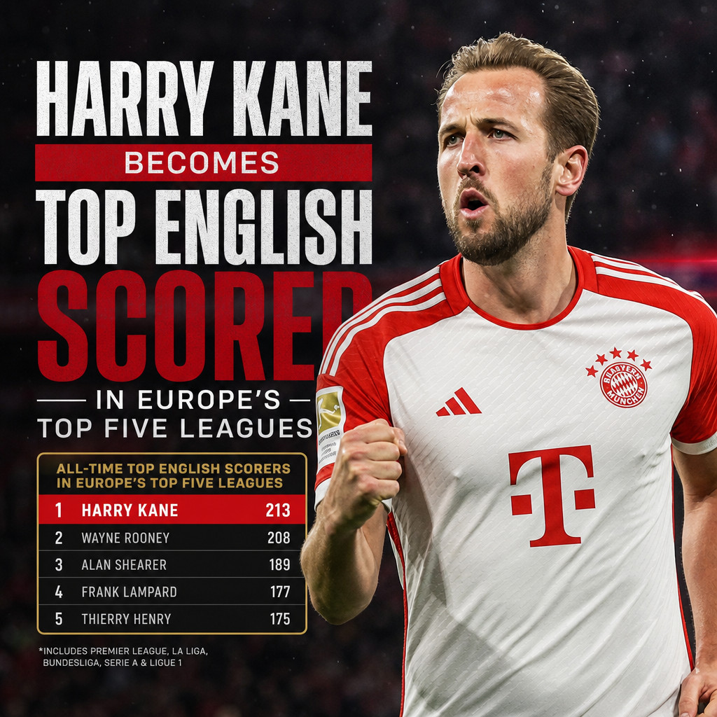 Harry Kane scoring a goal, celebrating as the top English scorer in Europe's top five leagues with 213 goals.