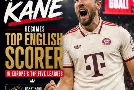 Harry Kane celebrating after scoring a goal, becoming top English scorer in Europe's top five leagues.