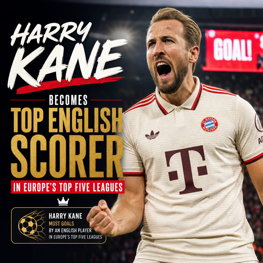Harry Kane celebrating after scoring a goal, becoming top English scorer in Europe's top five leagues.