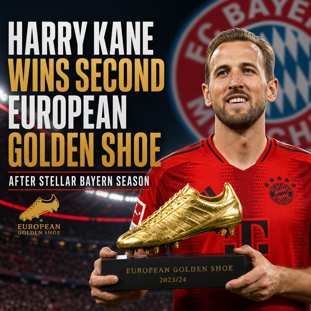 Harry Kane holding his second European Golden Shoe trophy, wearing Bayern Munich kit, celebrating his stellar season achievem