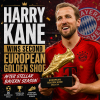Harry Kane holding his second European Golden Shoe trophy, celebrating his stellar season with Bayern Munich.
