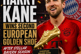 Harry Kane holding his second European Golden Shoe trophy, celebrating his stellar season with Bayern Munich.
