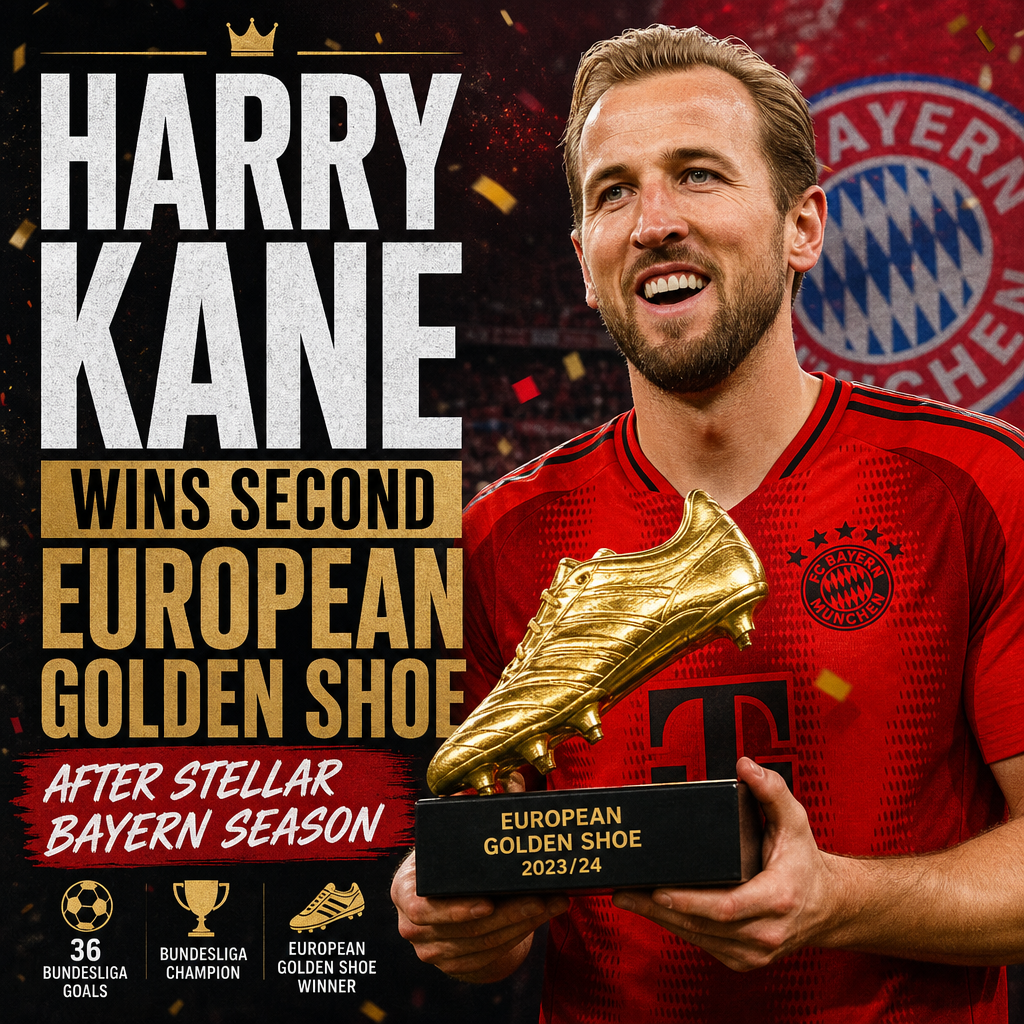 Harry Kane holding his second European Golden Shoe trophy, celebrating his stellar season with Bayern Munich.