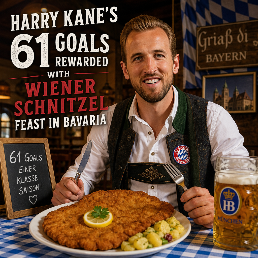 Harry Kane smiling at a table full of Wiener Schnitzel dishes celebrating his 61 goals in Bavaria.