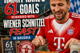 Harry Kane joyfully enjoying a large Wiener Schnitzel feast to celebrate his 61 goals in Bavaria.