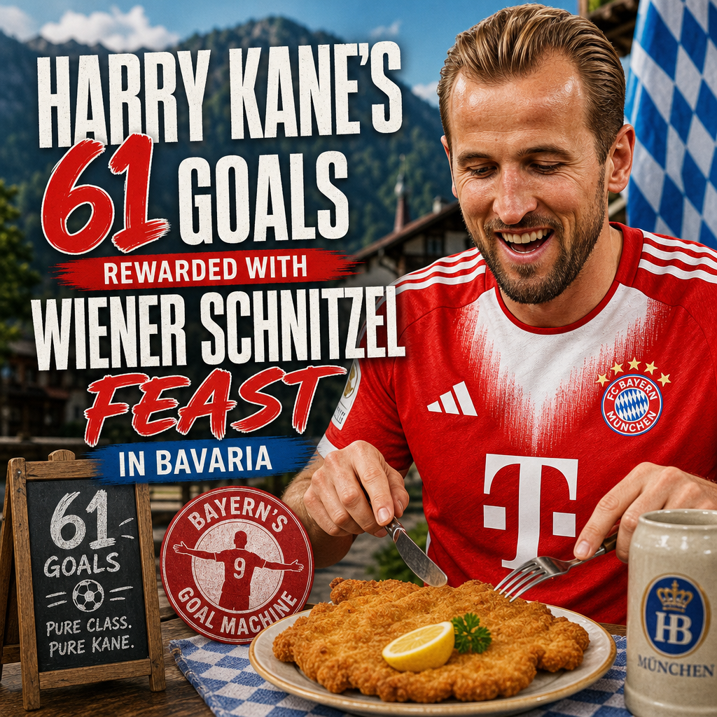 Harry Kane joyfully enjoying a large Wiener Schnitzel feast to celebrate his 61 goals in Bavaria.
