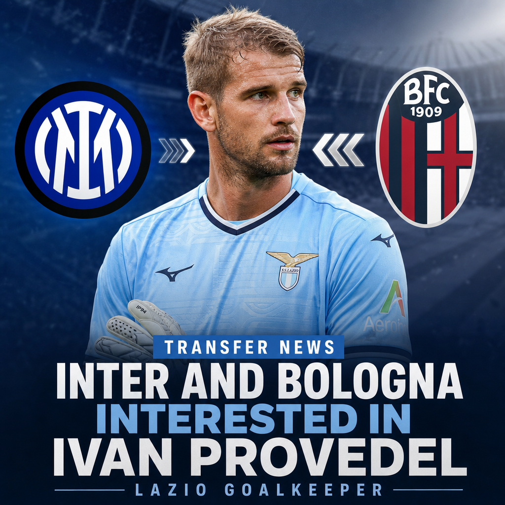 Inter and Bologna logos with Lazio goalkeeper Ivan Provedel in action, highlighting transfer interest.
