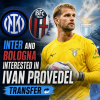 Inter Milan and Bologna logos with Lazio goalkeeper Ivan Provedel, indicating transfer interest.
