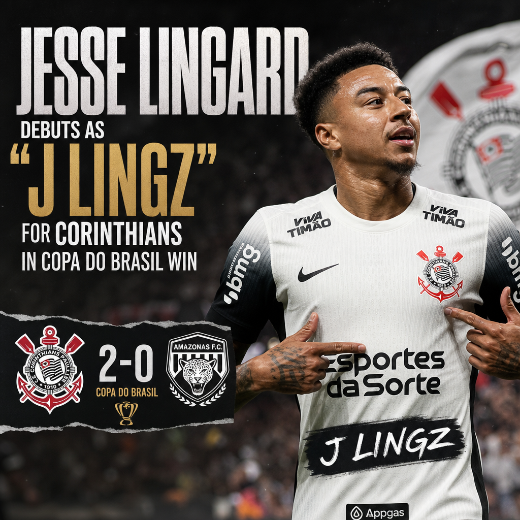 Jesse Lingard wearing Corinthians kit with "J Lingz" debut name celebrating during Copa do Brasil win.