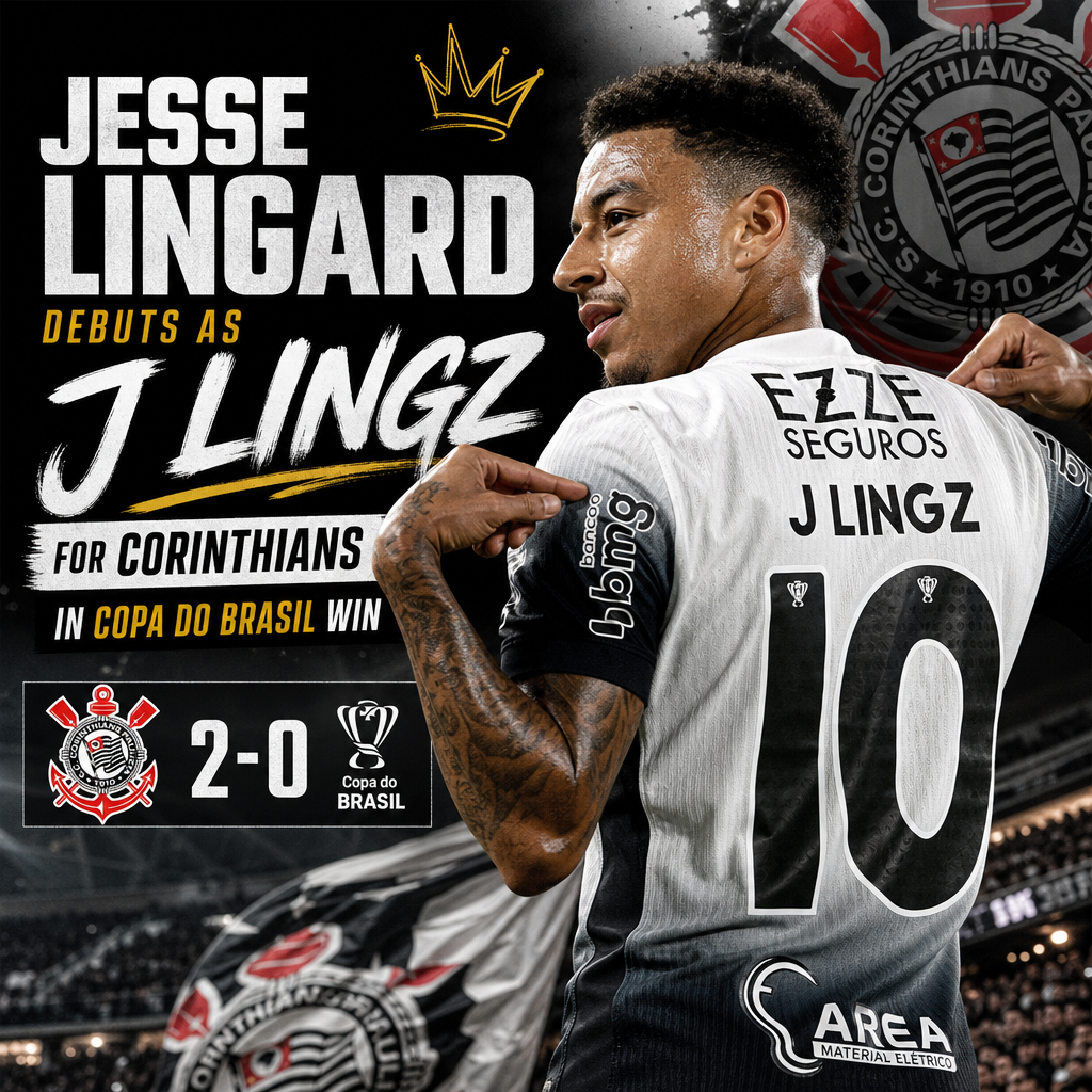 Jesse Lingard in Corinthians jersey celebrating his debut goal as "J Lingz" in Copa do Brasil win.