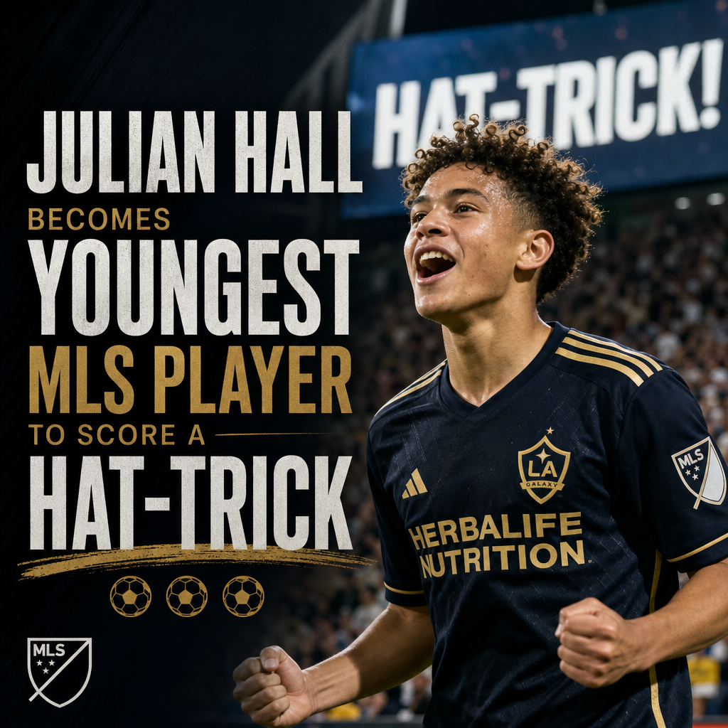 Julian Hall celebrates after scoring a hat-trick, becoming the youngest MLS player to do so for LA Galaxy.