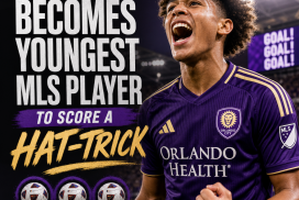 Julian Hall celebrates scoring a hat-trick, becoming the youngest MLS player to do so for Orlando City.