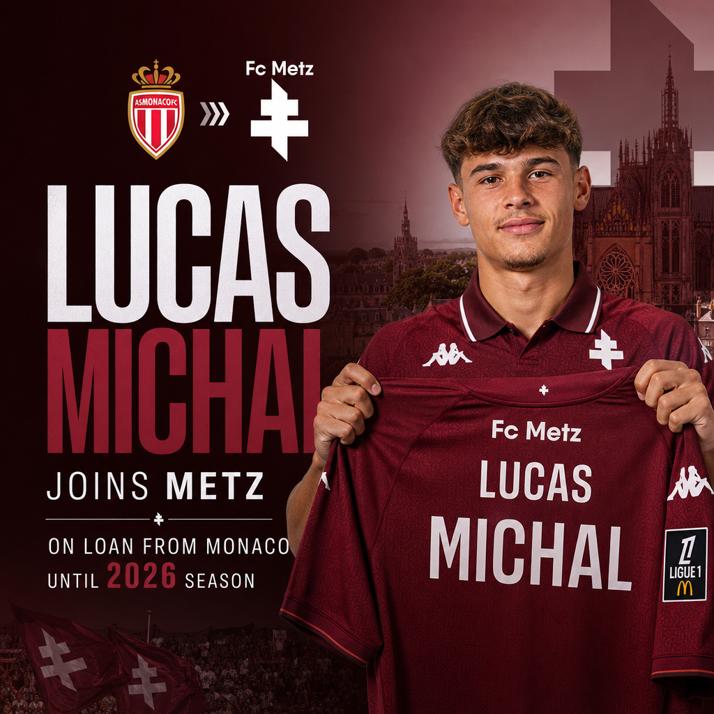 Lucas Michal wearing FC Metz jersey, smiling and holding up a jersey in a press conference.