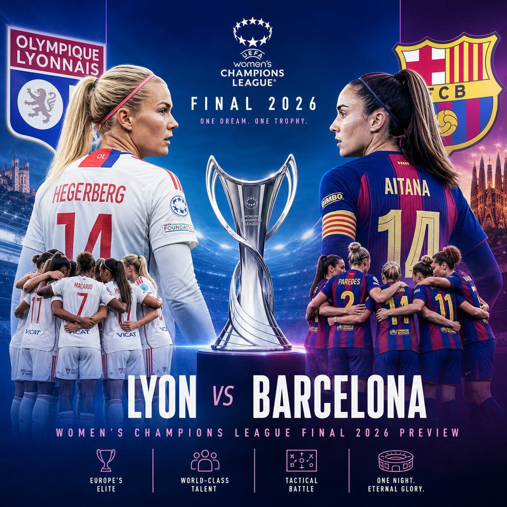 Promotional poster for 2026 UEFA Women’s Champions League Final featuring Lyon and Barcelona team logos.