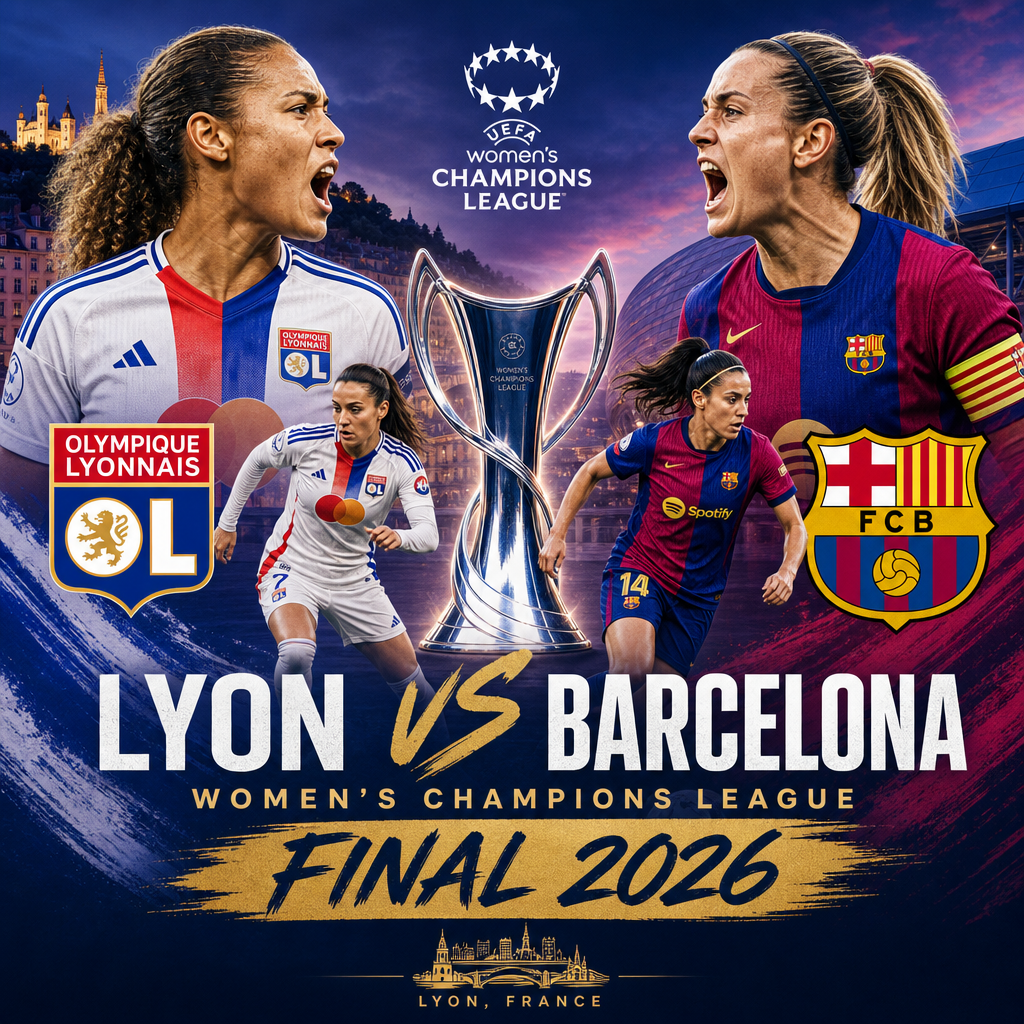 Promotional poster for 2026 UEFA Women’s Champions League Final: Lyon vs Barcelona in Lyon, France.