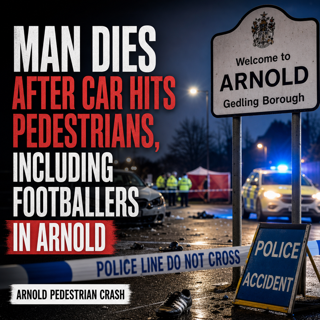 Emergency responders attend to injured pedestrians on a street after a crash in Arnold involving a car and footballers.