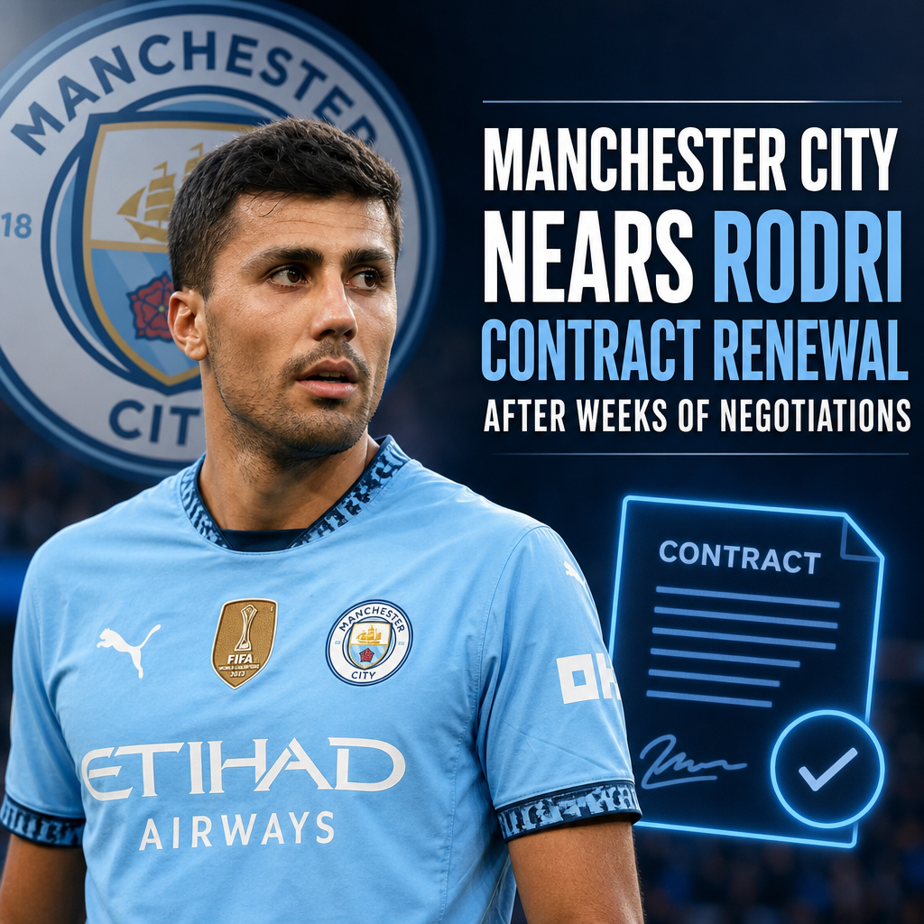 Rodri celebrating in Manchester City kit, symbolizing contract renewal progress after weeks of talks.