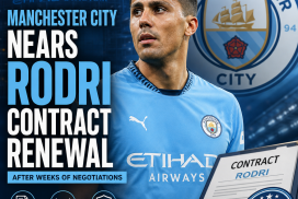 Manchester City midfielder Rodri in action, nearing contract renewal after weeks of negotiations.