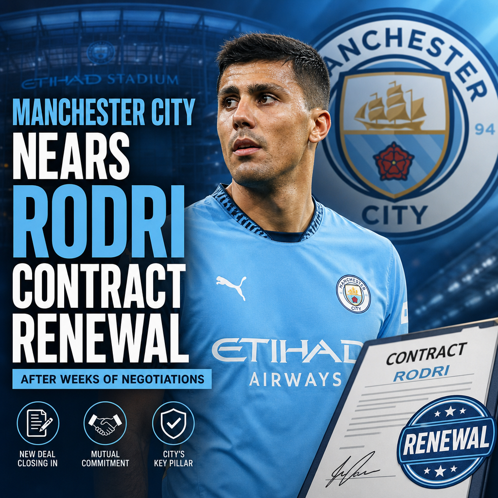 Manchester City midfielder Rodri in action, nearing contract renewal after weeks of negotiations.