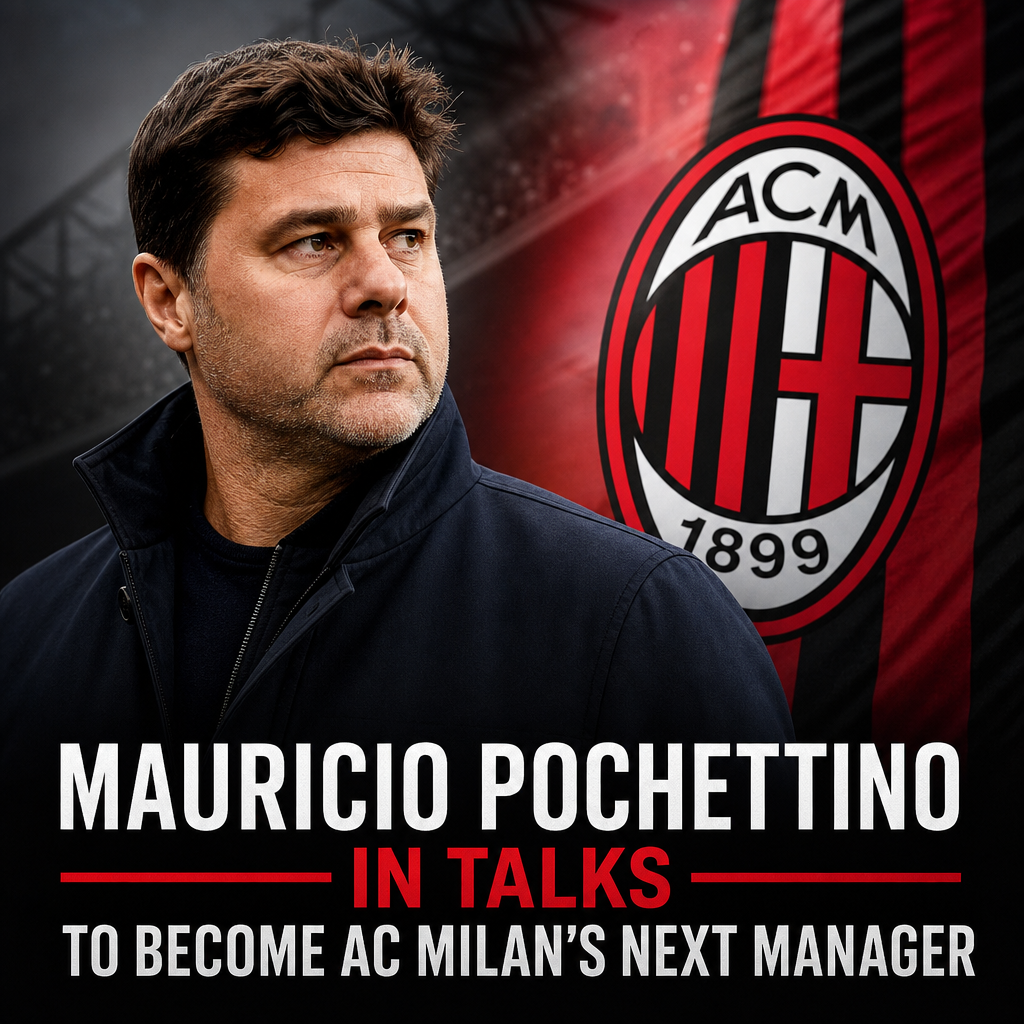Mauricio Pochettino in a suit speaking, with the AC Milan logo blurred in the background.