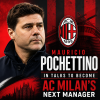 Mauricio Pochettino speaking with AC Milan logo and stadium in the background, hinting at managerial talks.
