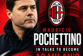 Mauricio Pochettino speaking with AC Milan logo and stadium in the background, hinting at managerial talks.