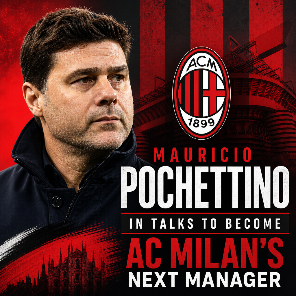 Mauricio Pochettino speaking with AC Milan logo and stadium in the background, hinting at managerial talks.