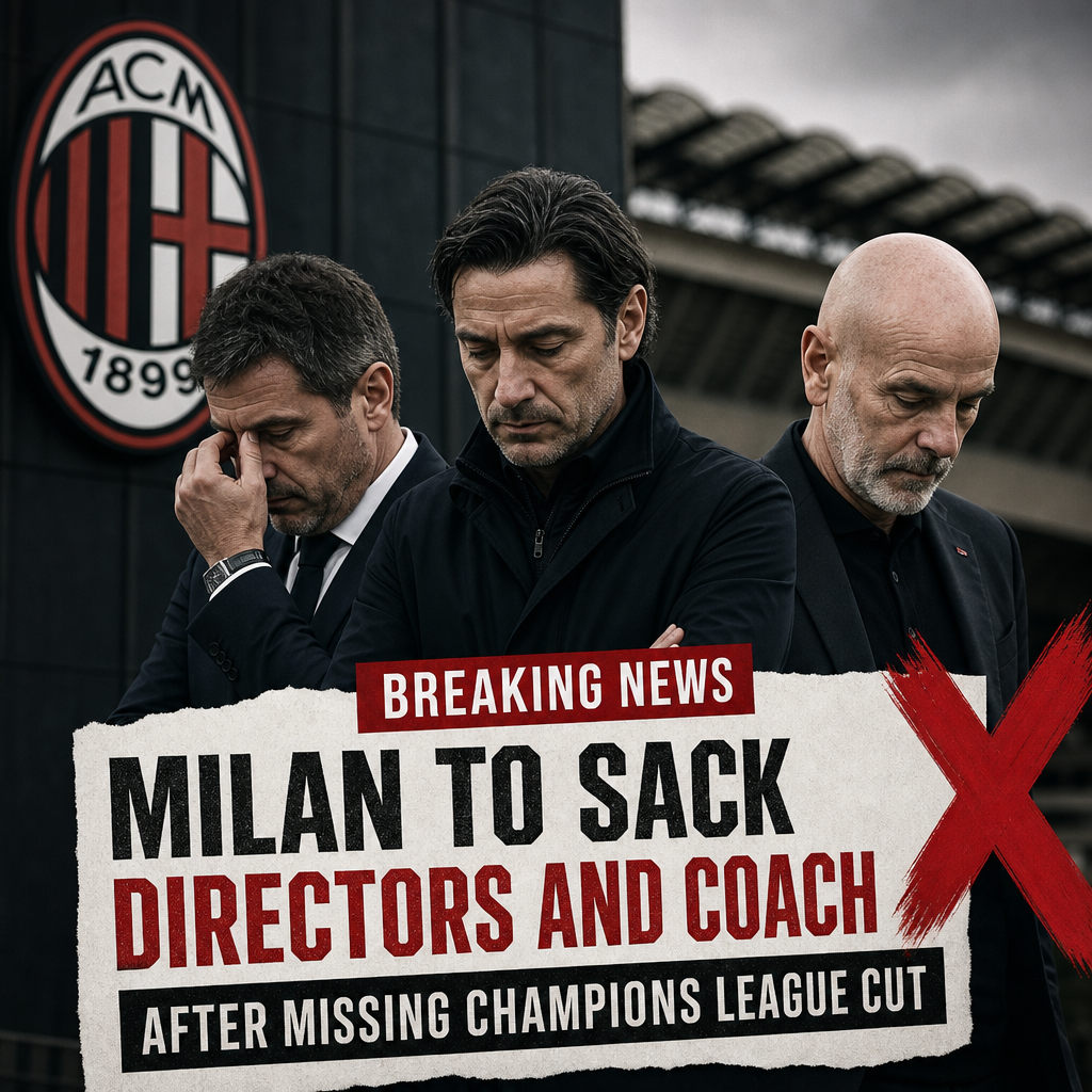 AC Milan boardroom with serious executives announcing sacking of directors and coach after missing Champions League.