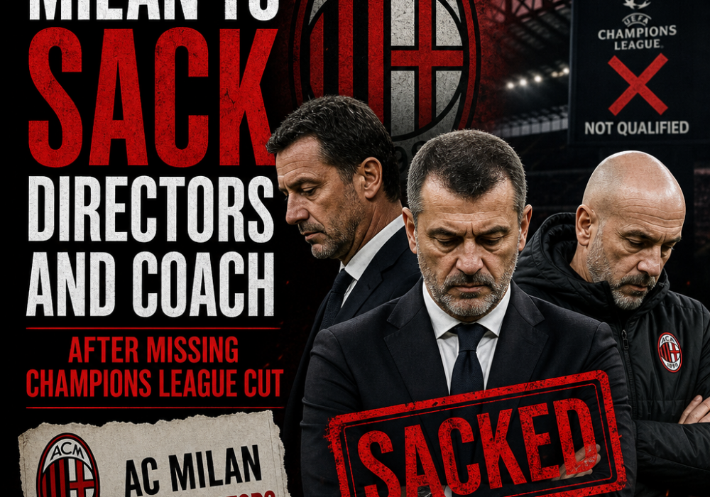 AC Milan officials announcing sacking of directors and coach after failing to qualify for Champions League.