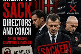 AC Milan officials announcing sacking of directors and coach after failing to qualify for Champions League.