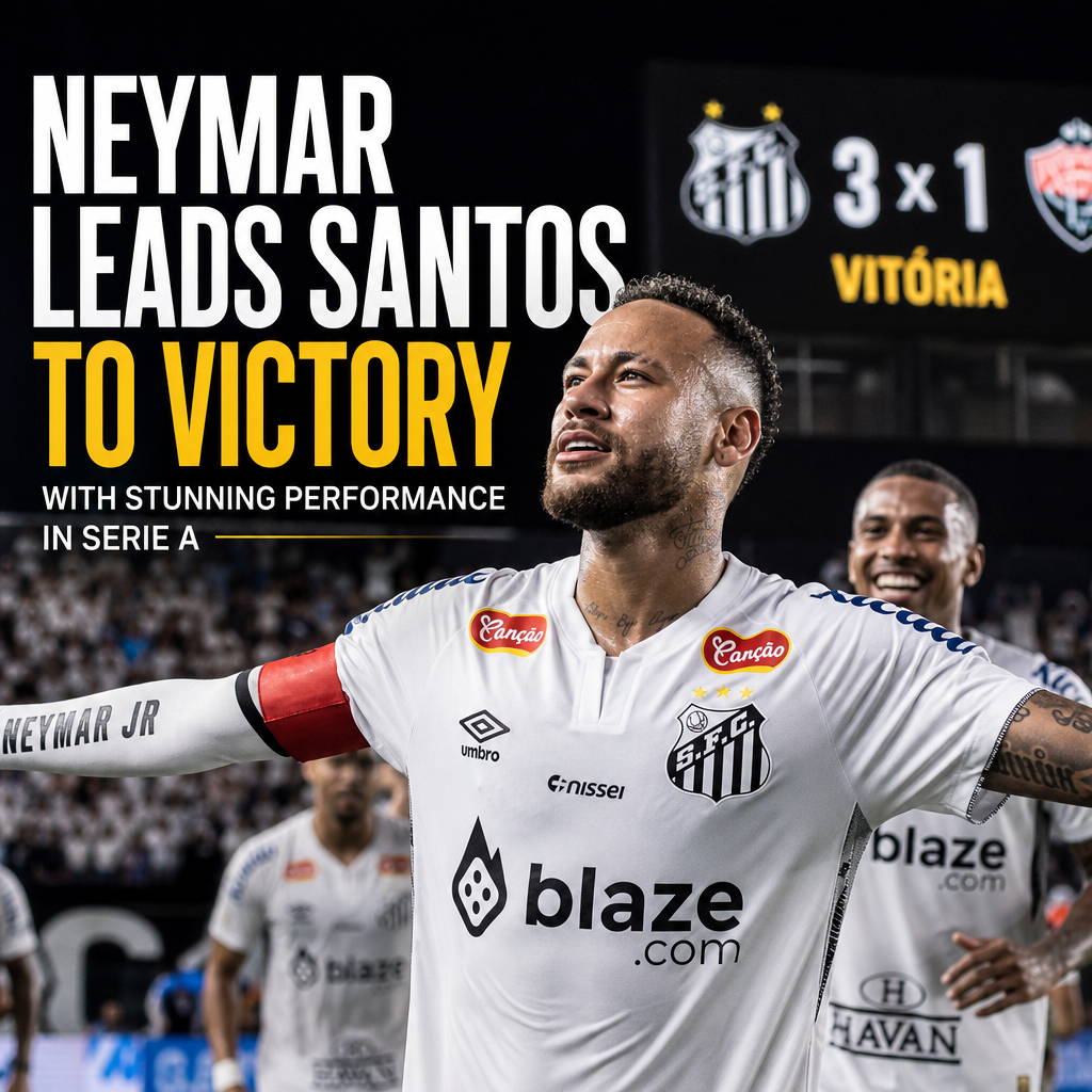 Neymar celebrating with Santos teammates after scoring in their 3-1 Serie A victory.