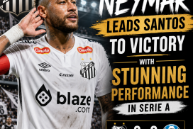 Neymar celebrating a goal for Santos during a Serie A match, highlighting his role in their 2-0 victory over Grêmio.