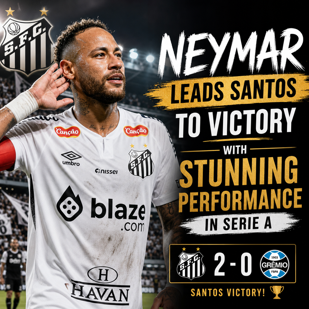 Neymar celebrating a goal for Santos during a Serie A match, highlighting his role in their 2-0 victory over Grêmio.