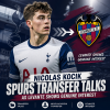 Nicolas Kocik in a football kit with a serious expression, symbolizing transfer talks between Spurs and Levante.