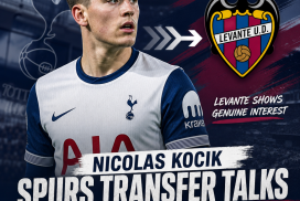 Nicolas Kocik in a football kit with a serious expression, symbolizing transfer talks between Spurs and Levante.