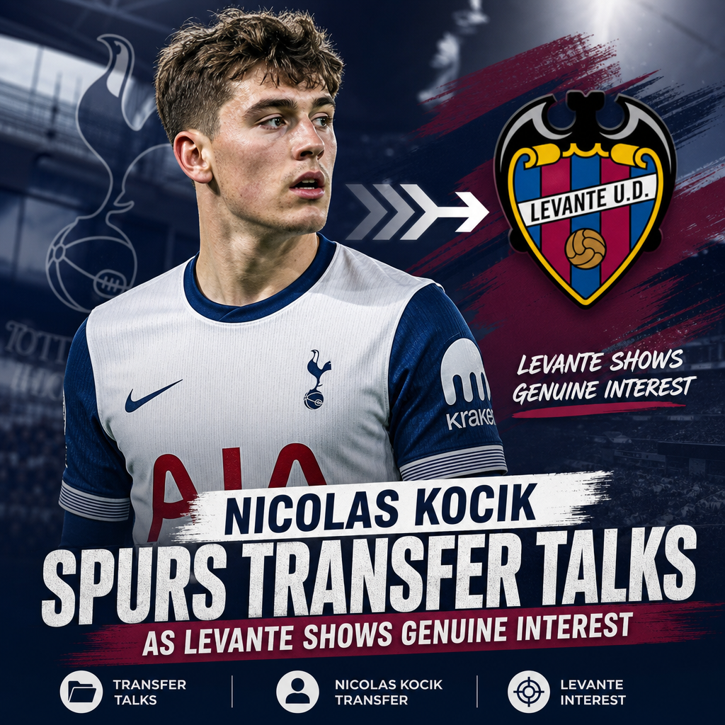 Nicolas Kocik in a football kit with a serious expression, symbolizing transfer talks between Spurs and Levante.