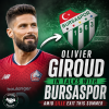 Olivier Giroud wearing Lille jersey, looking focused during a match, hinting at transfer talks with Bursaspor.