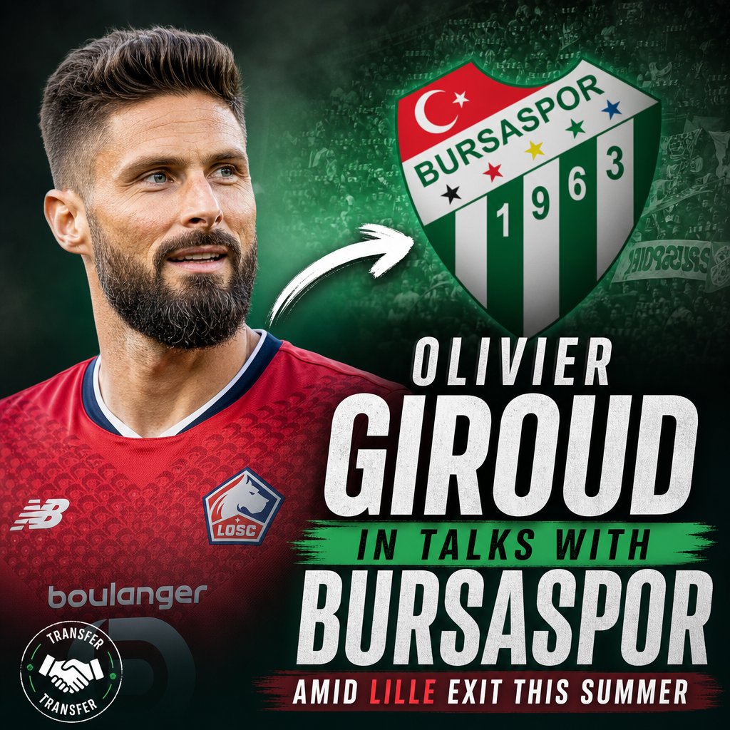 Olivier Giroud wearing Lille jersey, looking focused during a match, hinting at transfer talks with Bursaspor.