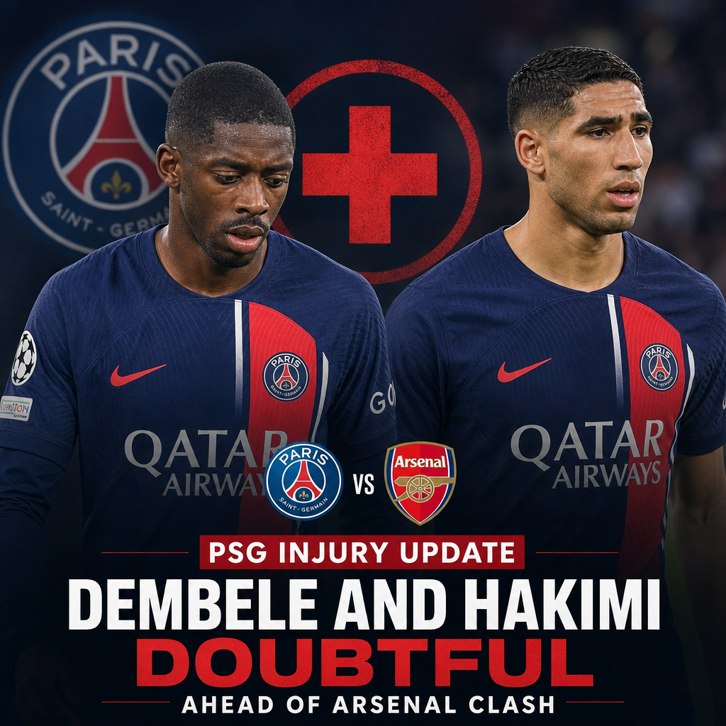 PSG players Dembele and Hakimi on the field, both showing signs of injury ahead of Arsenal match.