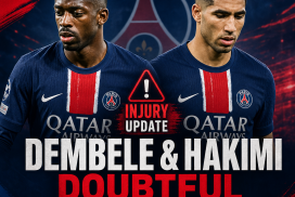 PSG players Dembele and Hakimi look concerned, highlighted as doubtful for upcoming Arsenal match.