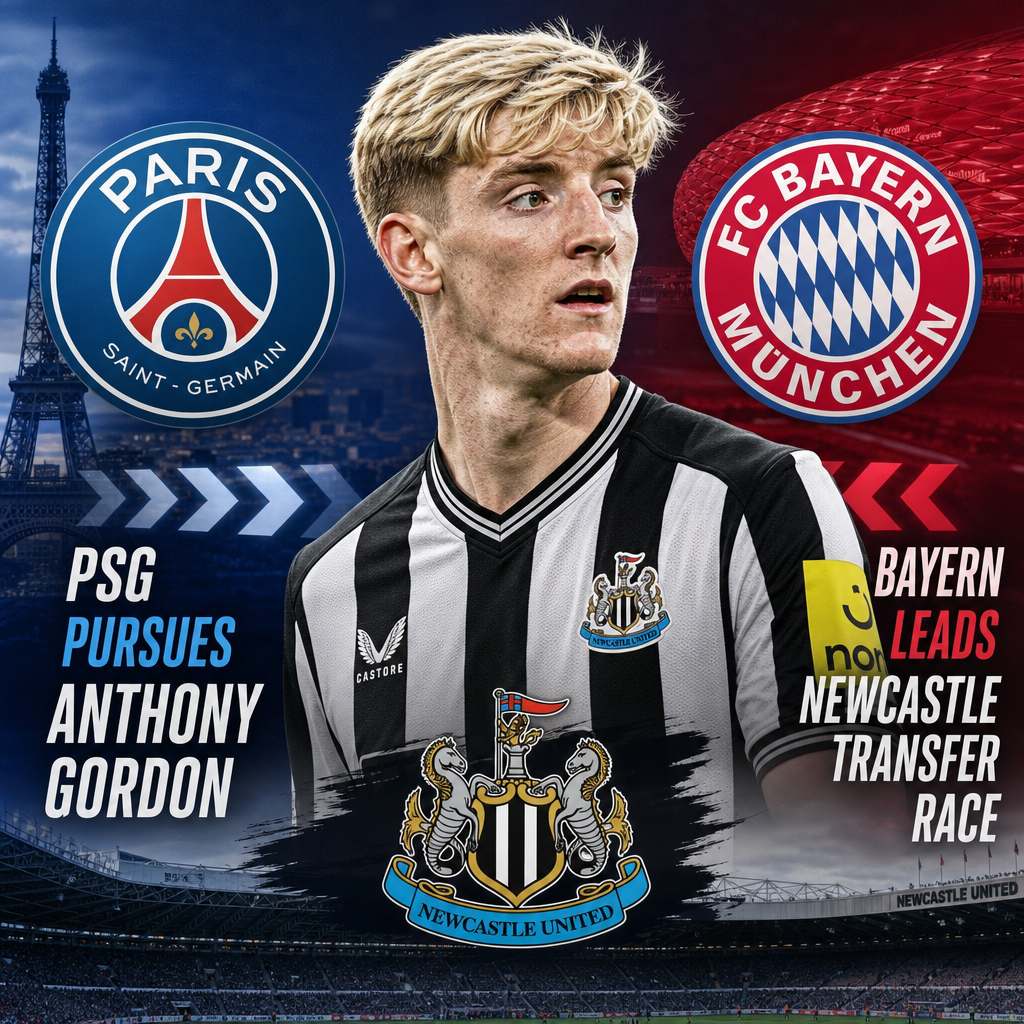 Anthony Gordon in Newcastle kit with PSG and Bayern Munich logos, highlighting transfer pursuit and race.