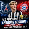 Logos of PSG, Bayern Munich, and Newcastle United with a graphic of Anthony Gordon between them.