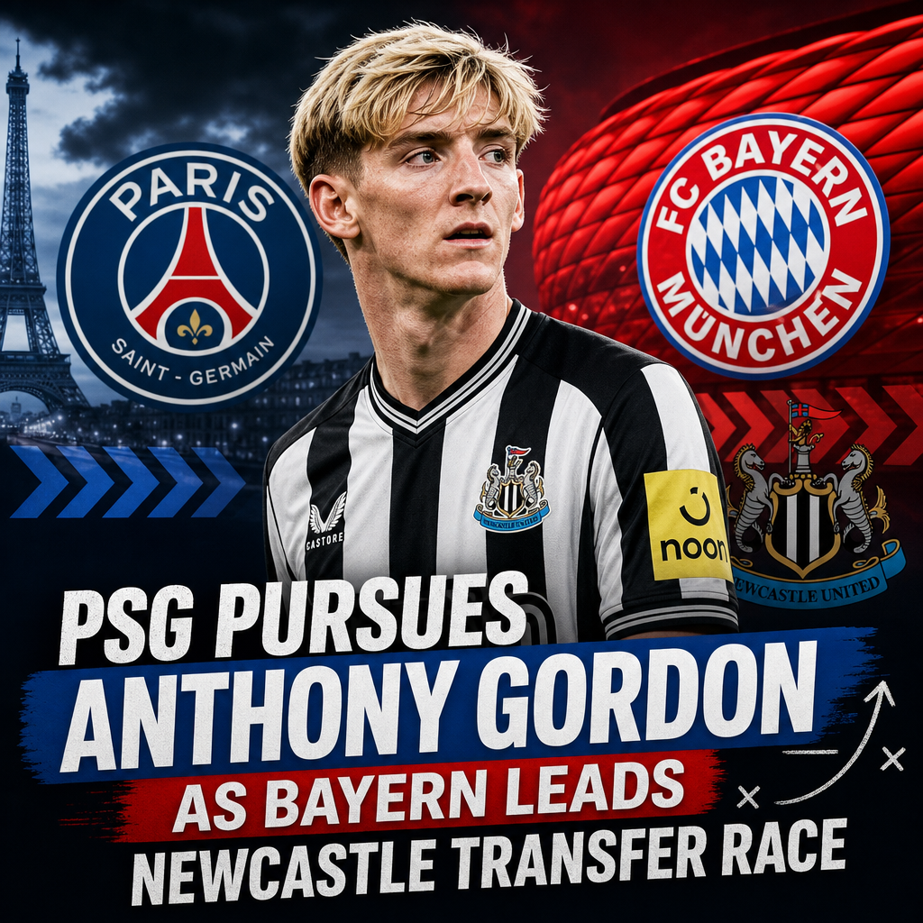 Logos of PSG, Bayern Munich, and Newcastle United with a graphic of Anthony Gordon between them.