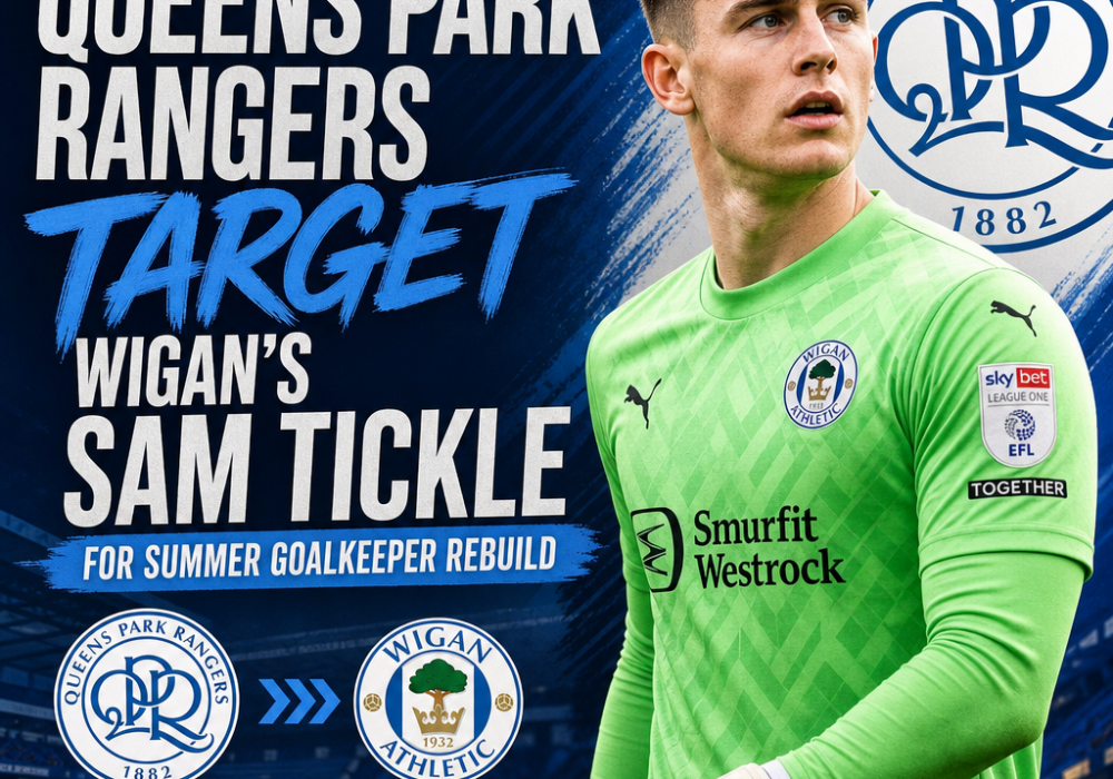 Sam Tickle in goal for Wigan Athletic, focused during a match, linked to Queens Park Rangers transfer target.