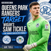 Sam Tickle in goal for Wigan Athletic, focused during a match, linked to Queens Park Rangers transfer target.