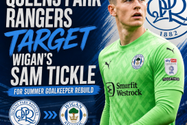 Sam Tickle in goal for Wigan Athletic, focused during a match, linked to Queens Park Rangers transfer target.