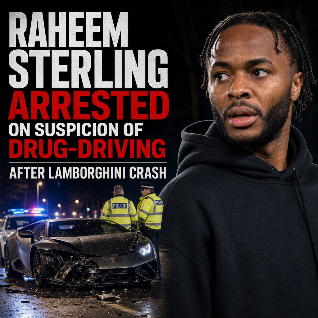 Raheem Sterling being escorted by police officers after a car accident involving a Lamborghini.