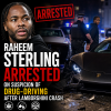 Raheem Sterling being led by police officers wearing handcuffs outside a building.